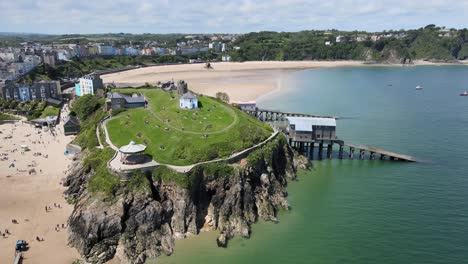 tenby castle and lifeboat house seaside town in pembrokeshire, wales, drone 4k footage