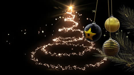 swinging black and gold christmas baubles over glowing shooting star spiraling on black background