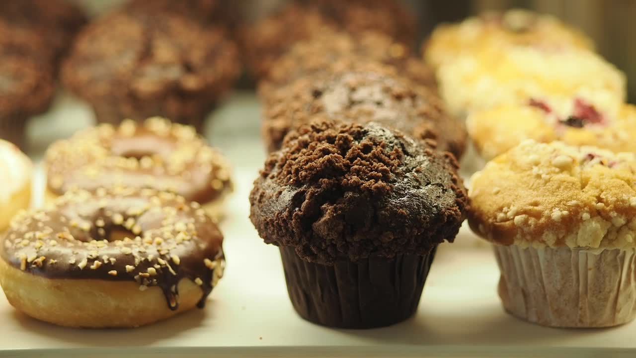 Primo piano di deliziosi muffin al cioccolato e ciambelle glassate
