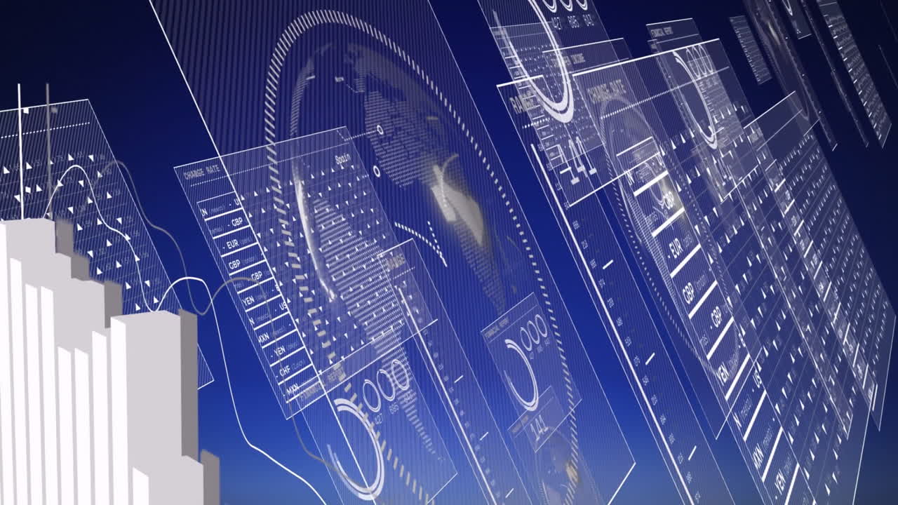 데이터 처리의 애니메이션과 파란색 배경 위의 지구