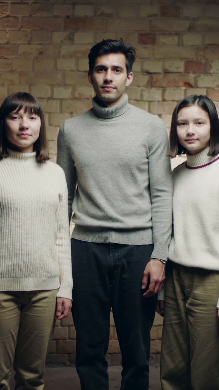 Vertical video: Recording trio posing by brick wall in room for portrait, sweaters pants bracelet