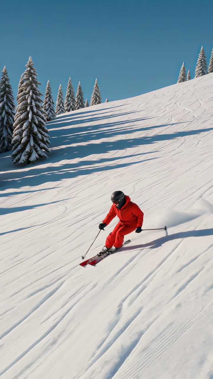 Dynamic video still of skier in red, captured from a low angle on a snowy slope with trees