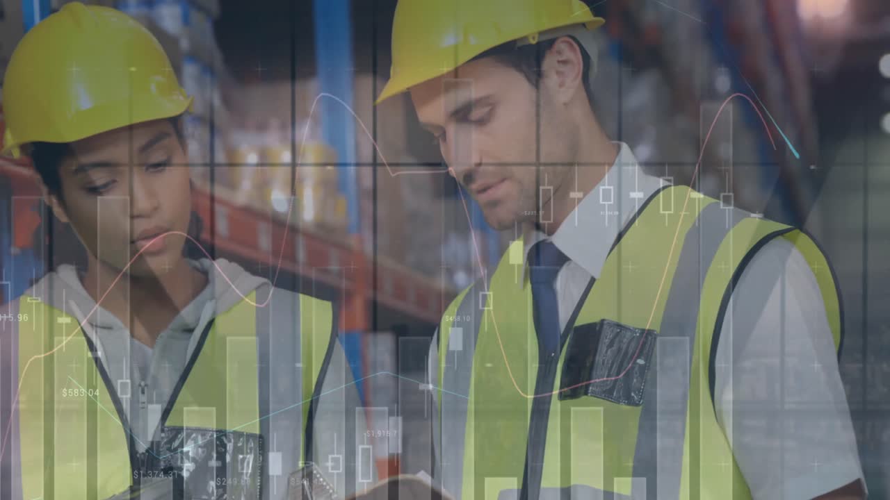 animación de estadísticas y procesamiento de datos financieros sobre hombres y mujeres que trabajan en almacenes