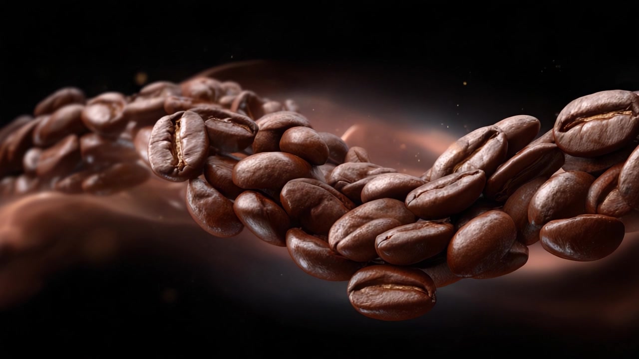 Un primo piano mozzafiato di chicchi di caffè che fluttuano con grazia in una scena stravagante, evidenziando la loro ricca consistenza e i colori profondi su uno sfondo mistico.