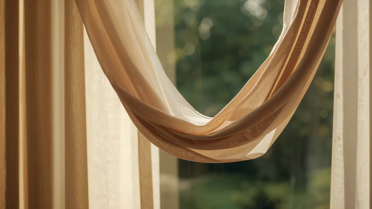 Ondeggiante come una leggera brezza, una tenda beige trasparente che si muove nella cornice della finestra, luce del giorno soffusa