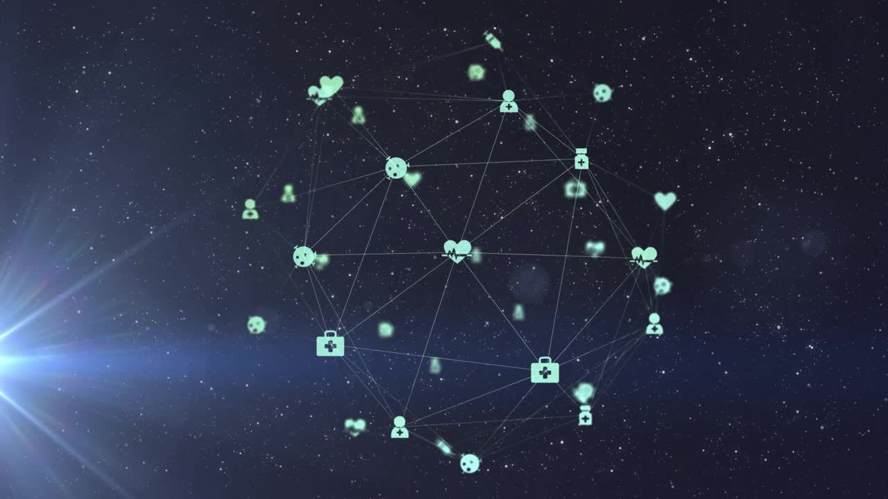 3D network appearing in space, rotating clockwise, pulsing links, illustrating medical connectivity