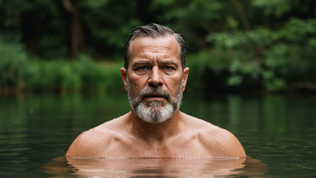 A Reflective Moment in Nature: A Middle-Aged Man Submerged in Tranquil Water, Exhibiting Calmness Amidst Lush Greenery and Natural Surroundings