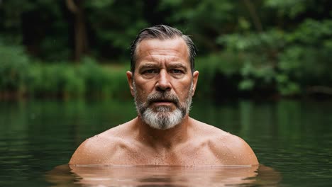 a reflective moment in nature: a middle-aged man submerged in tranquil water, exhibiting calmness amidst lush greenery and natural surroundings