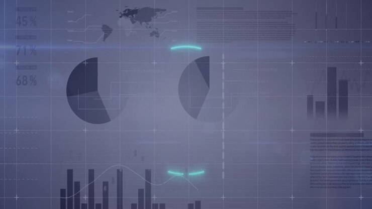 Animation of neon round banner over statistical data processing against grey background