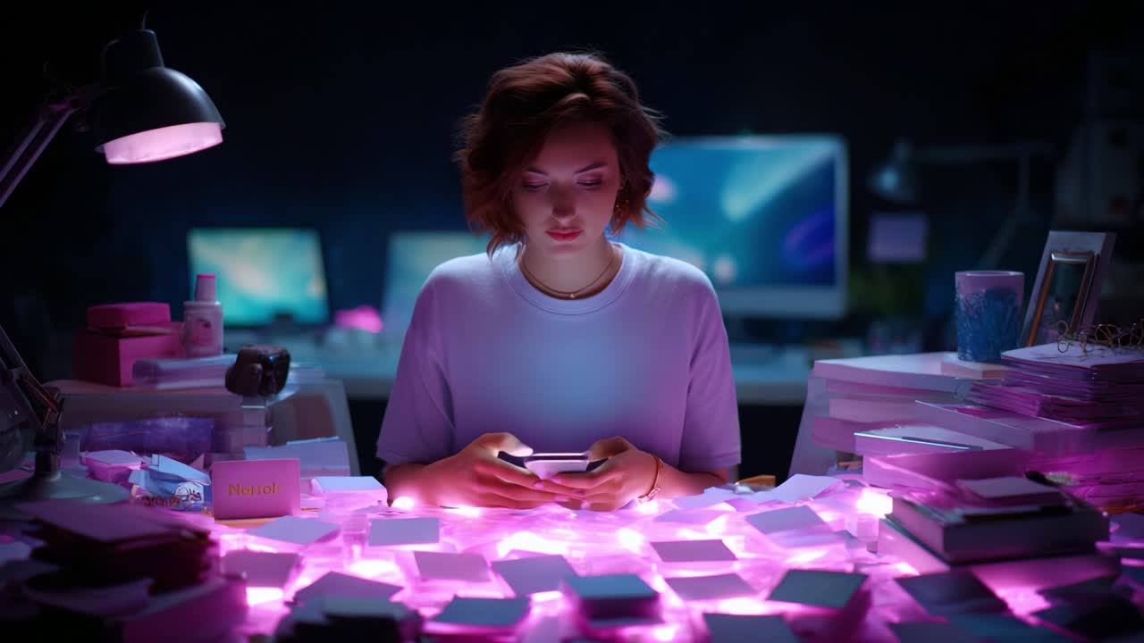 A Moment of Technology: A Person Engaged with a Smartphone Surrounded by Illuminated Card Clusters in a Dimly Lit Room, Capturing a Blend of Modern Life and Focused Reflection