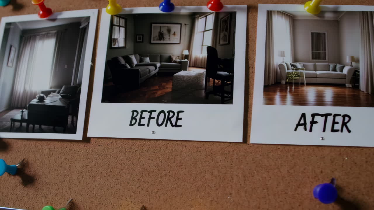 Before and After Home Improvement Photos on a Corkboard