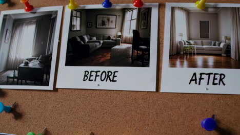 before and after home improvement photos on a corkboard