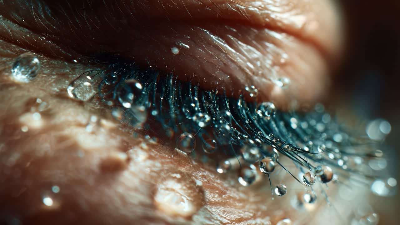 Close-Up of a Tear-Drenched Eyelash with Glimmering Water Droplets Reflecting Light, Capturing the Intricacies of Human Emotion and Natural Beauty in Stunning Detail