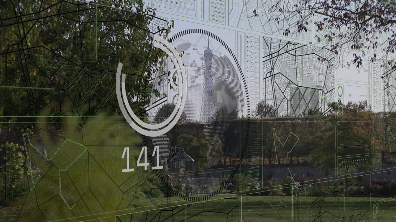 Digital HUD overlay streaming over urban park, displaying circular scan ring, data panels in 3D