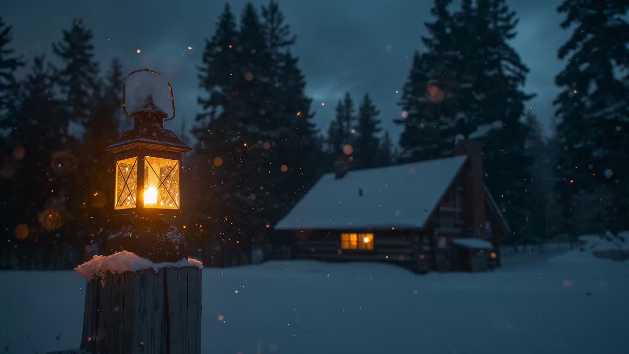 Glowing lantern on post, flame flickering as snowfall starting at dusk, cabin glowing, copy space