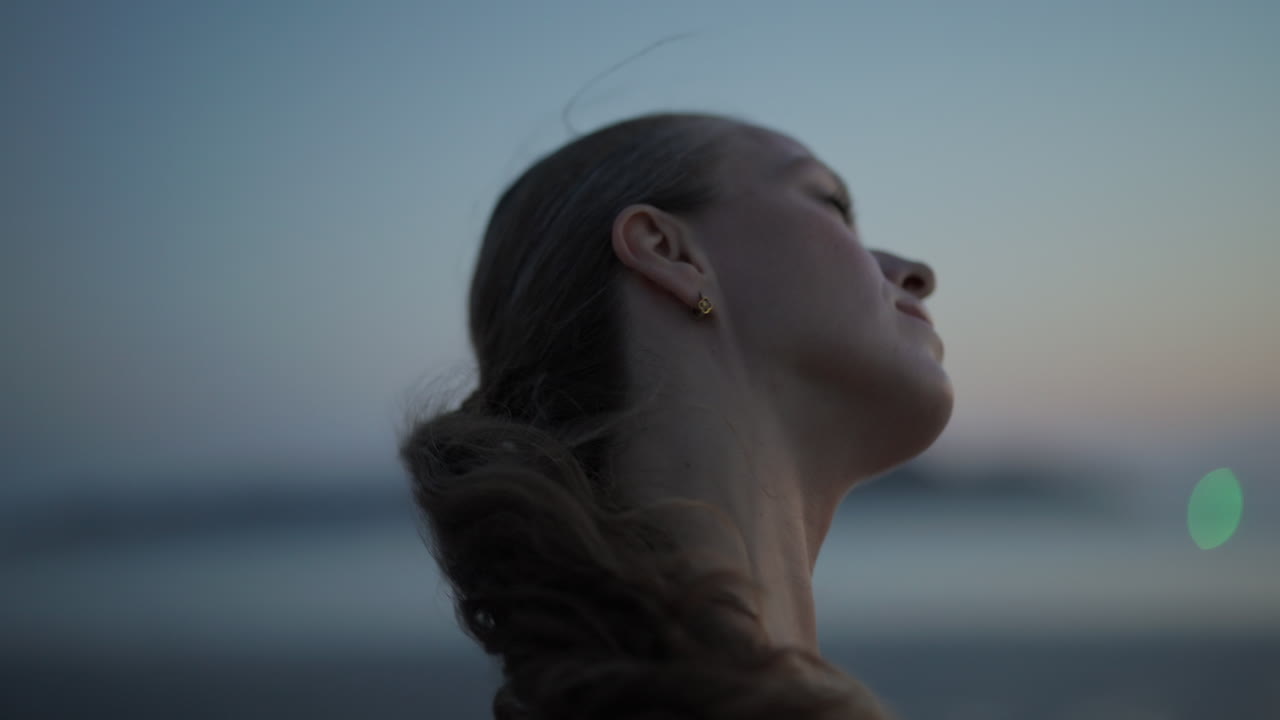 Giovane donna serena che guarda il mare al tramonto