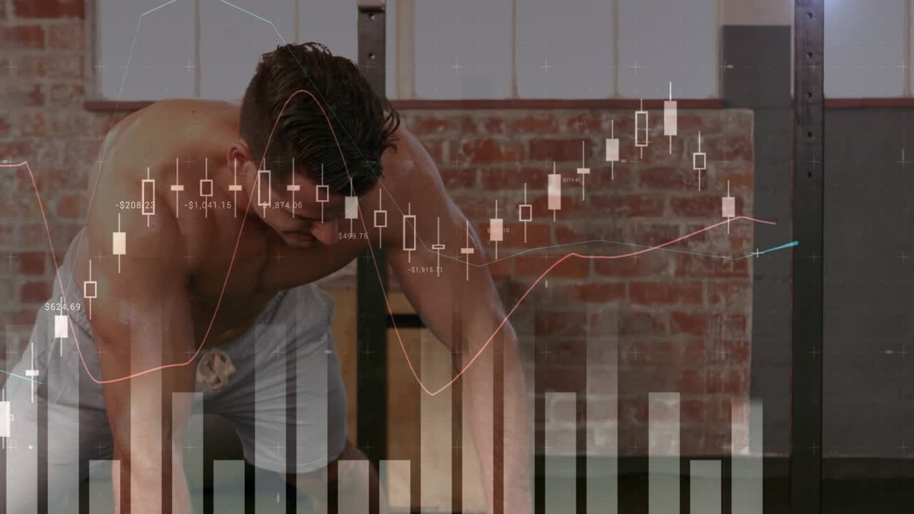 Shirtless man reaching for kettlebell and rowing for strength while finance charts overlaying frame