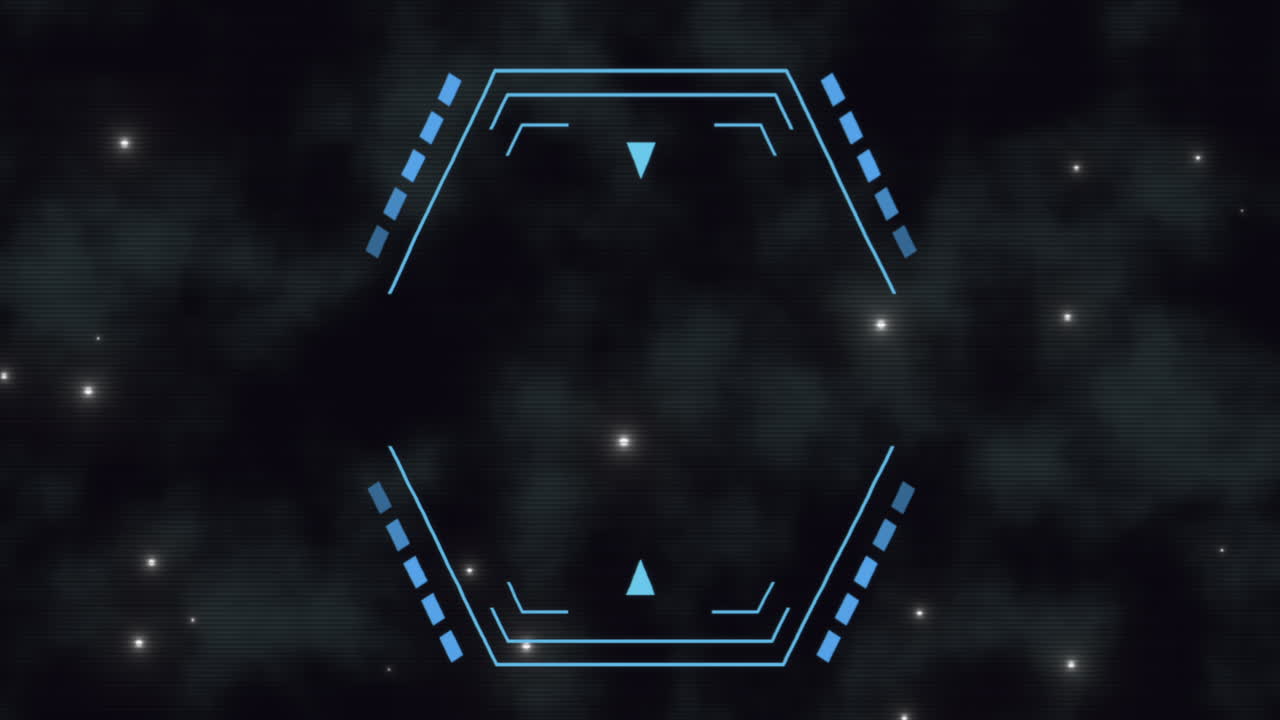 Bold blue shapes on black background with subtle accent triangles