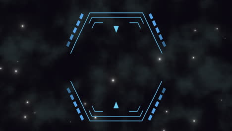 bold blue shapes on black background with subtle accent triangles