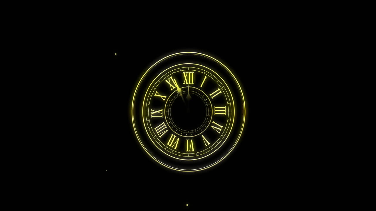 Animation of countdown, clock showing midnight and spots of light on black background