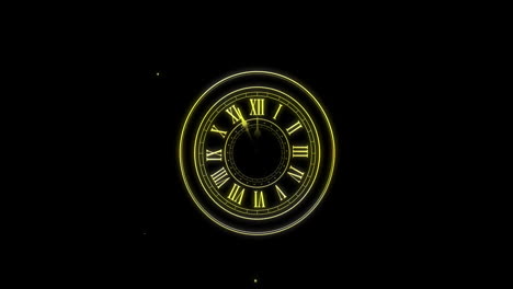 animation of countdown, clock showing midnight and spots of light on black background