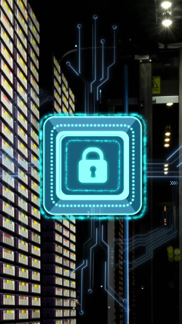 Animation of padlock with connections over server room