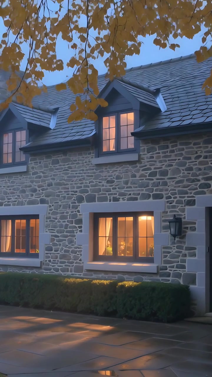 Vidéo verticale : Caméra panoramique sur une façade en pierre montrant des lucarnes, une lueur de fenêtre au crépuscule avec une allée mouillée.