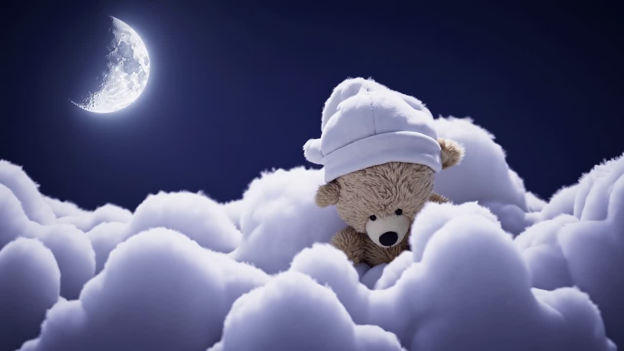 A serene video scene of a teddy bear sleeping on fluffy clouds under a crescent moon