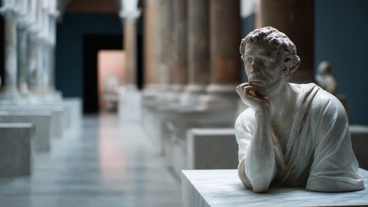 Bust marmer reflektif di lorong museum yang elegan: Menampilkan seni rupa yang indah dan keindahan arsitektur di tengah elemen klasik yang mencolok