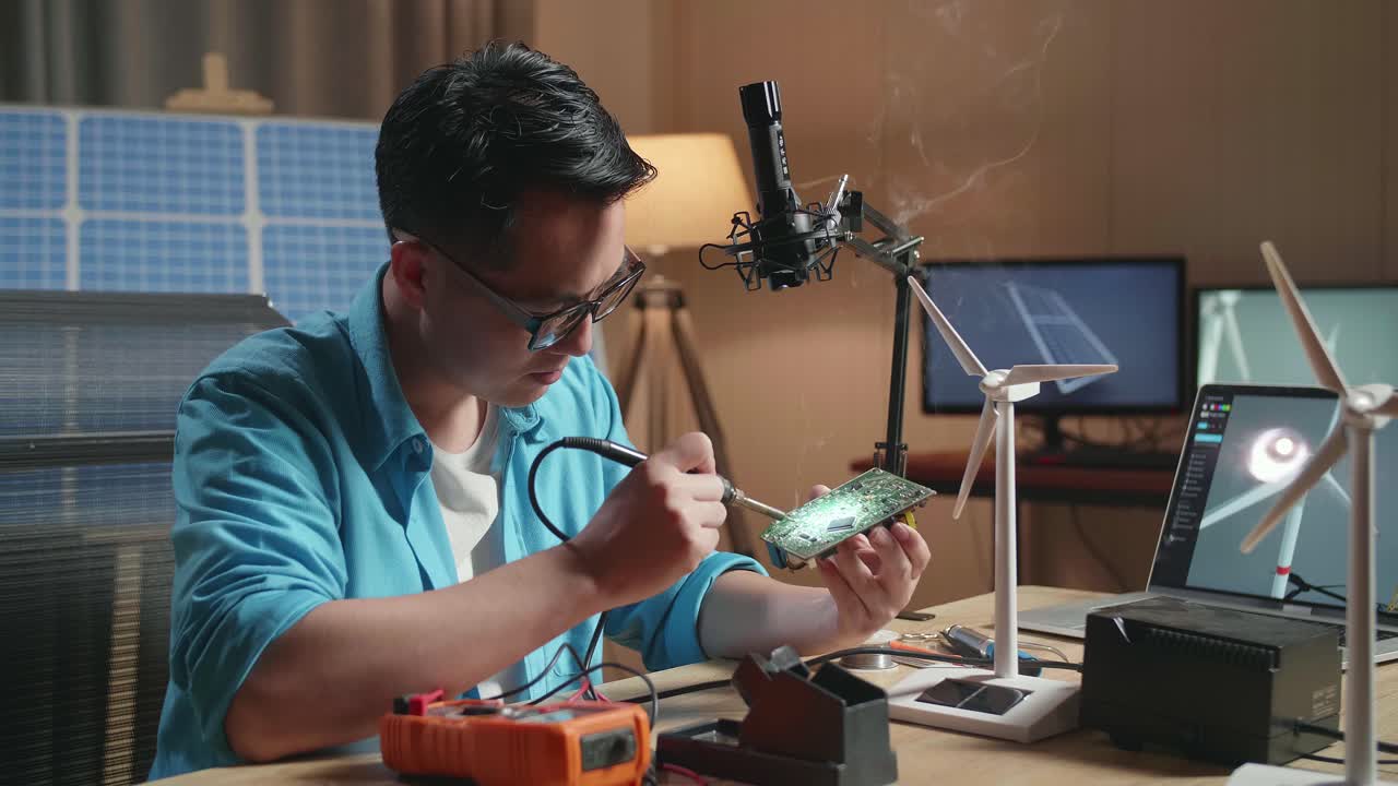 hombre asiático con turbina eólica arregla la placa de circuito mientras trabaja con una computadora portátil junto a la célula solar en la oficina