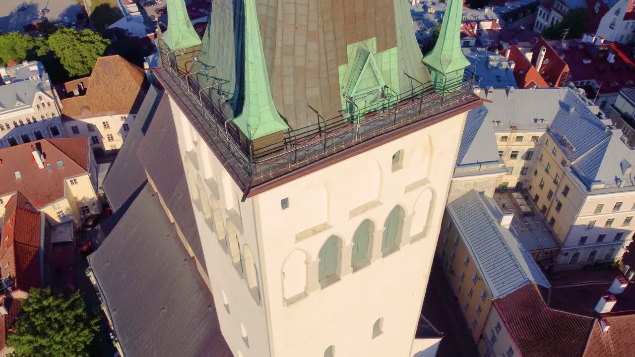 St Olaf's Church tower on sunny day, close up aerial view