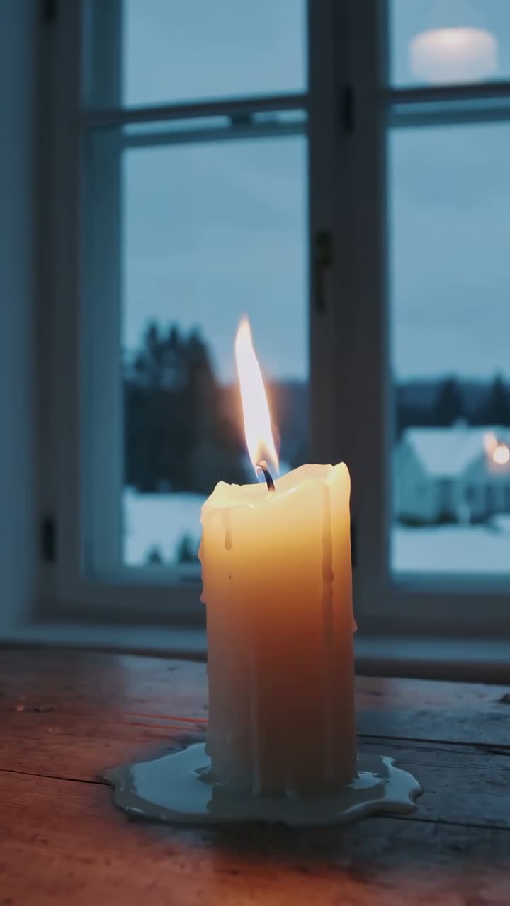 Vertikální video: Sekvence ukazující mihotající se slonovinovou sloupovou svíčku, roztékající se vosk na stole a zasněžený výhled.