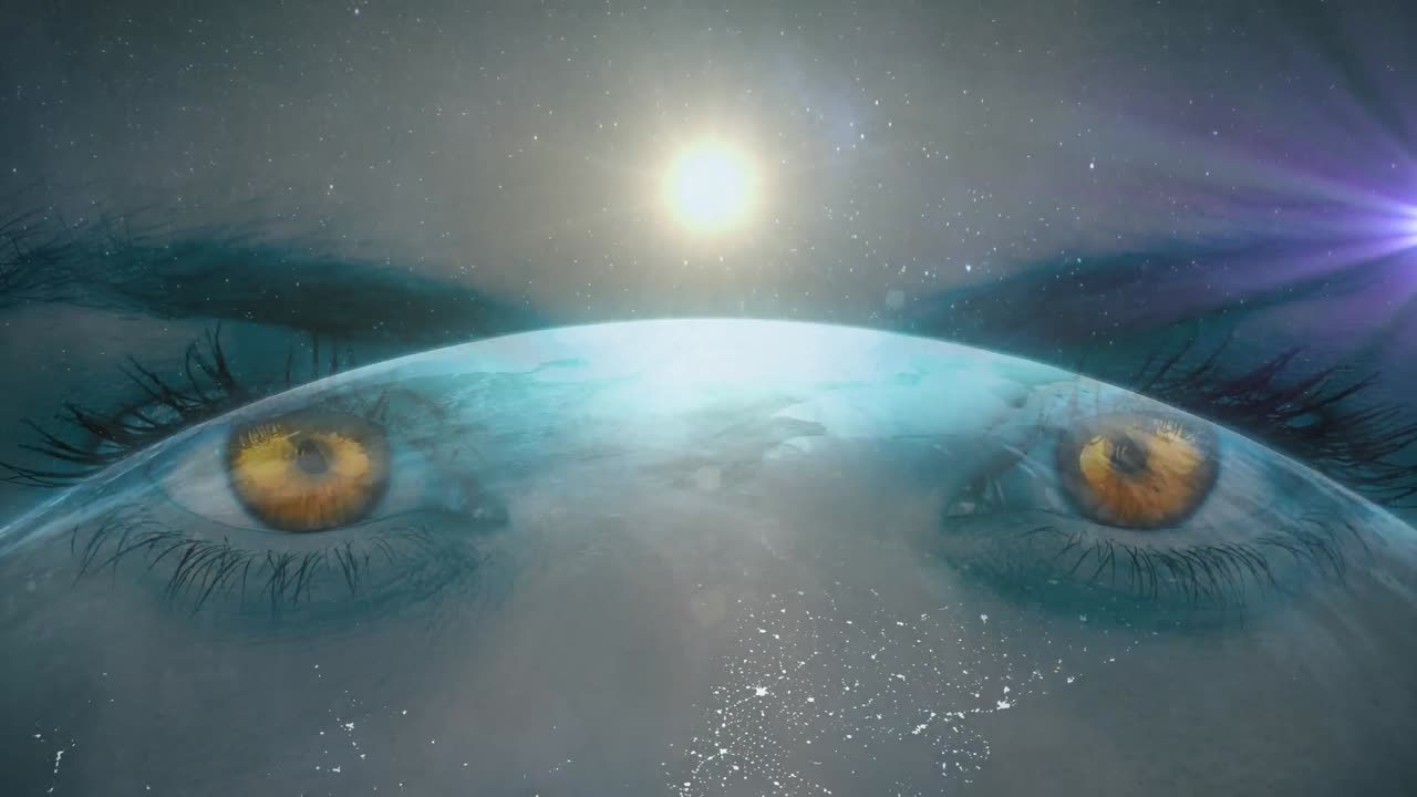 여성 눈의 클로즈업에 대비하여 지구 위에 있는 빛의 반점