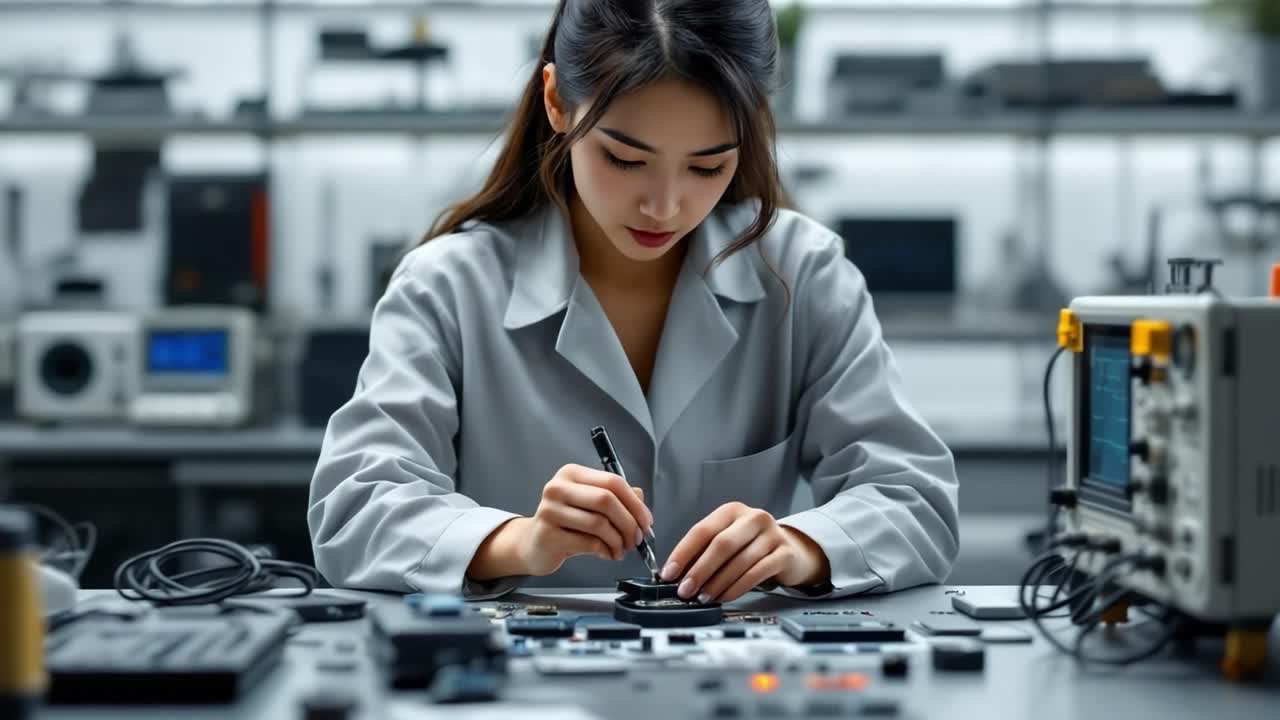 Electronics engineer working on electronic components using a precision screwdriver in a laboratory equipped with electronic measurement instruments