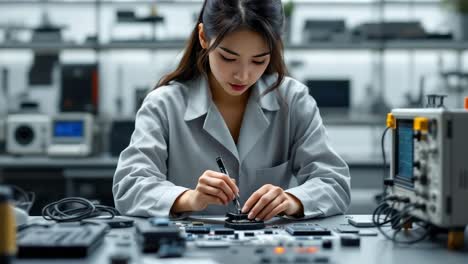 electronics engineer working on electronic components using a precision screwdriver in a laboratory equipped with electronic measurement instruments
