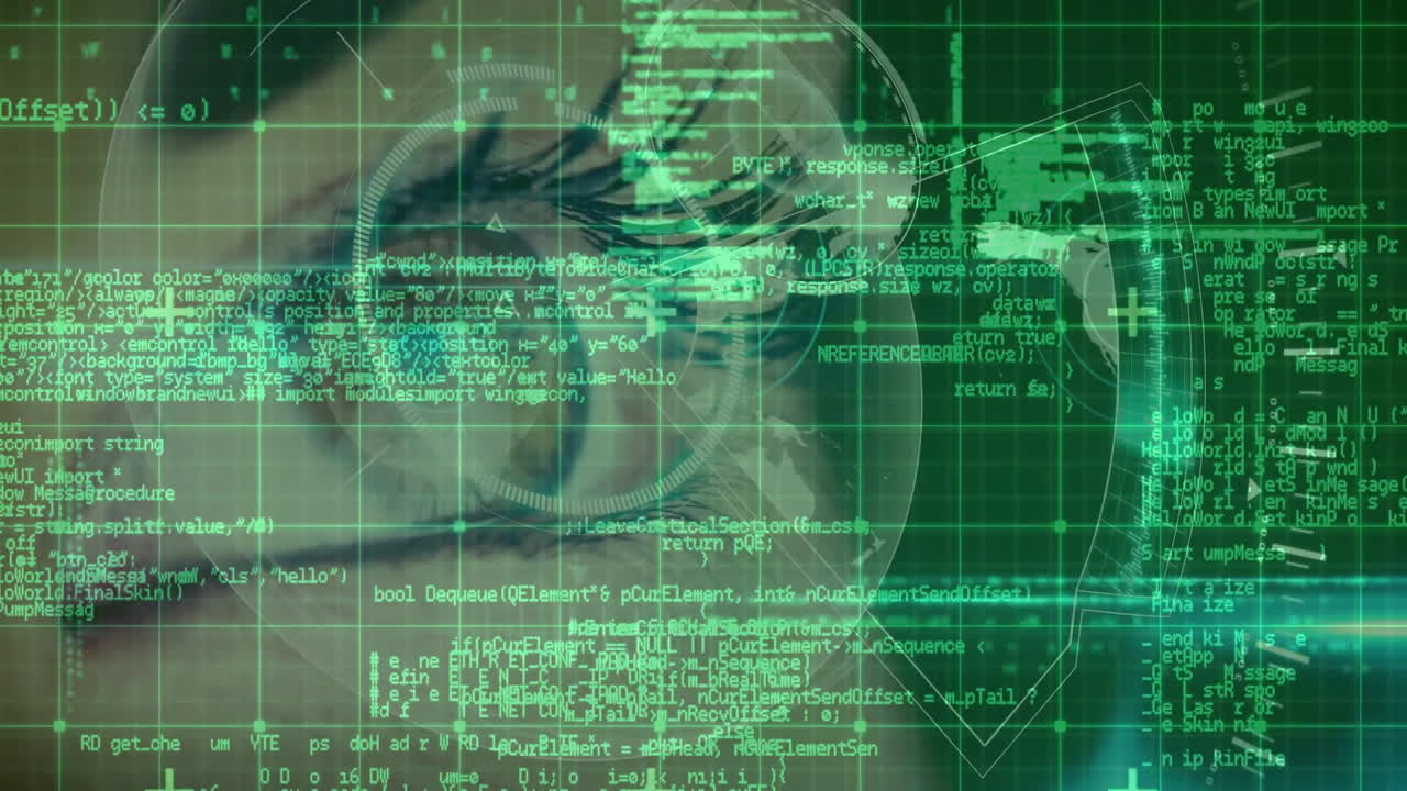 Woman scanning eye in futuristic tech interface, overlaying grid, biometric HUD, showing world map