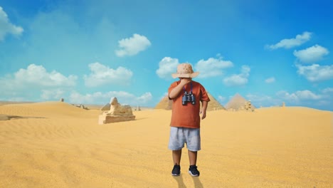 asian boy with a hat having a headache after looking through the binoculars. boy researcher examines something while traveling in giza pyramid, travel tourism adventure concept, full body