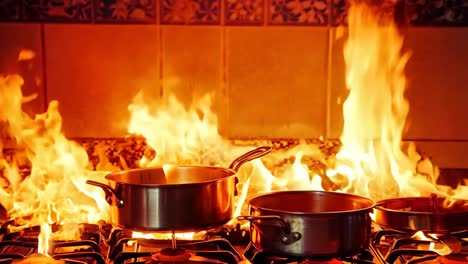 una estufa con ollas y sartenes en llamas en una cocina
