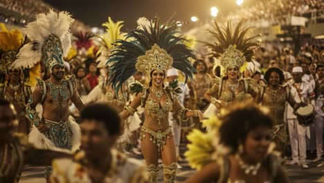 vibrant carnival parade featuring colorful costumes, energetic dancers, and enthusiastic crowd celebrating in a festive atmosphere under bright lights during a cultural event