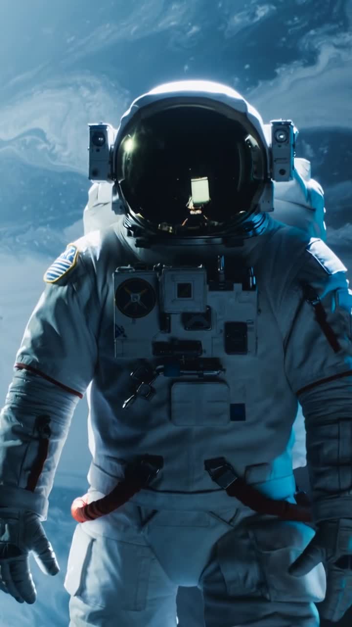 Video vertical: Astronauta flotando con traje corrigiendo una ligera deriva en órbita, mostrando el brillo del visor.