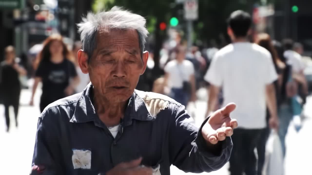 A Reflective Moment: An Elderly Man Communicates Emotion in a Crowded City Street Amidst the Busy Pedestrians and Vibrant Urban Life