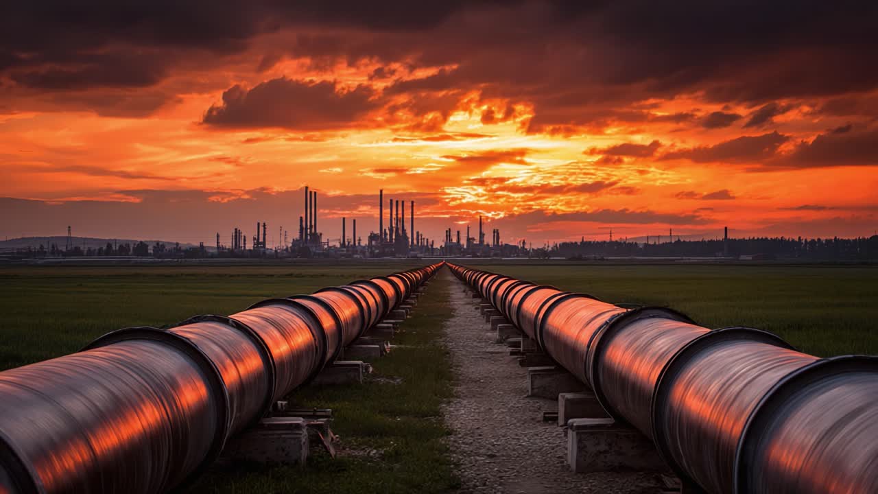 Una vista impresionante de tuberías industriales que se extienden hacia el horizonte bajo un cielo dramático al atardecer, simbolizando el poder y la conectividad en la infraestructura moderna.