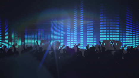dancing crowd with hands up over blue equalizer bars animation