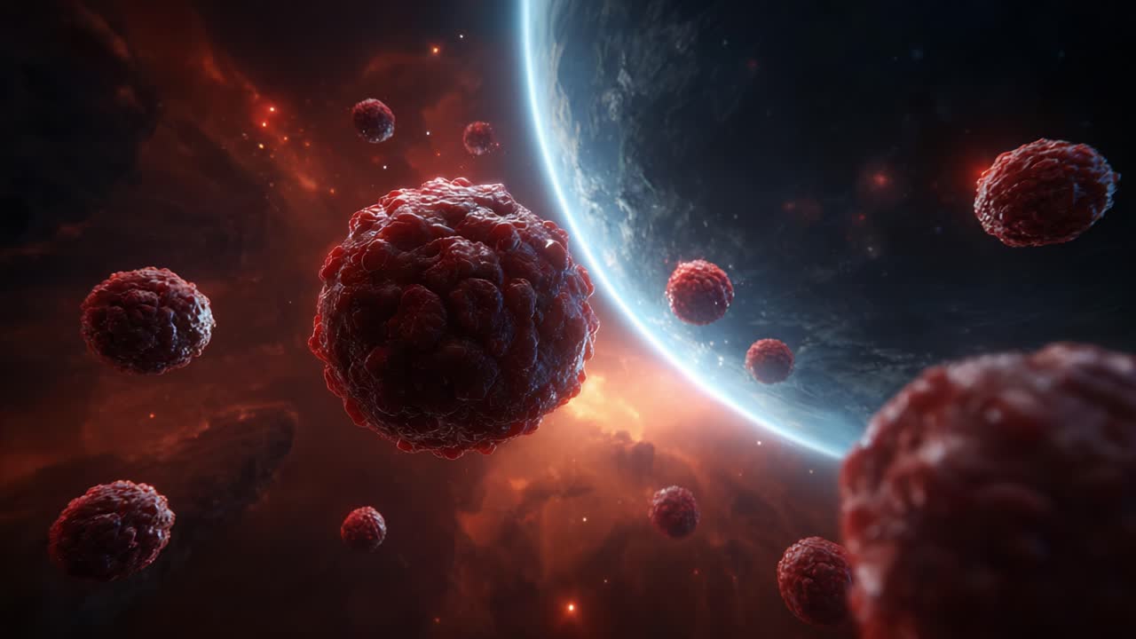 A Stunning Cosmic Encounter: Intricate Cells Navigating the Vibrant Depths of Space Against a Celestial Background