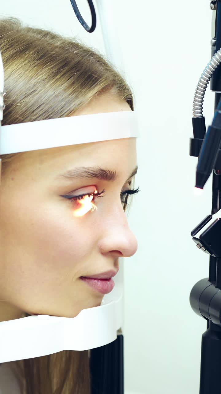 New medical device checking patient's eyes. Beautiful woman checks her eyesight at a doctor appointment. Ophthalmology concept, optometry. Vertical video