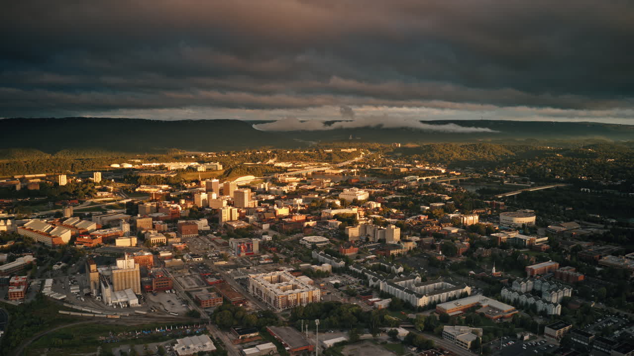Towards Downtown Chattanooga with sunset incoming aerial hyperlapse