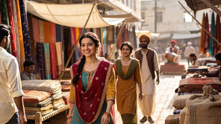 Entrant dans un bazar ensoleillé, femme en tête en kameez sarcelle et dupatta marron faisant ses achats au milieu des étals de tissus.