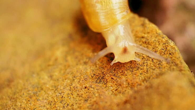 Front view of a garden snail crawling