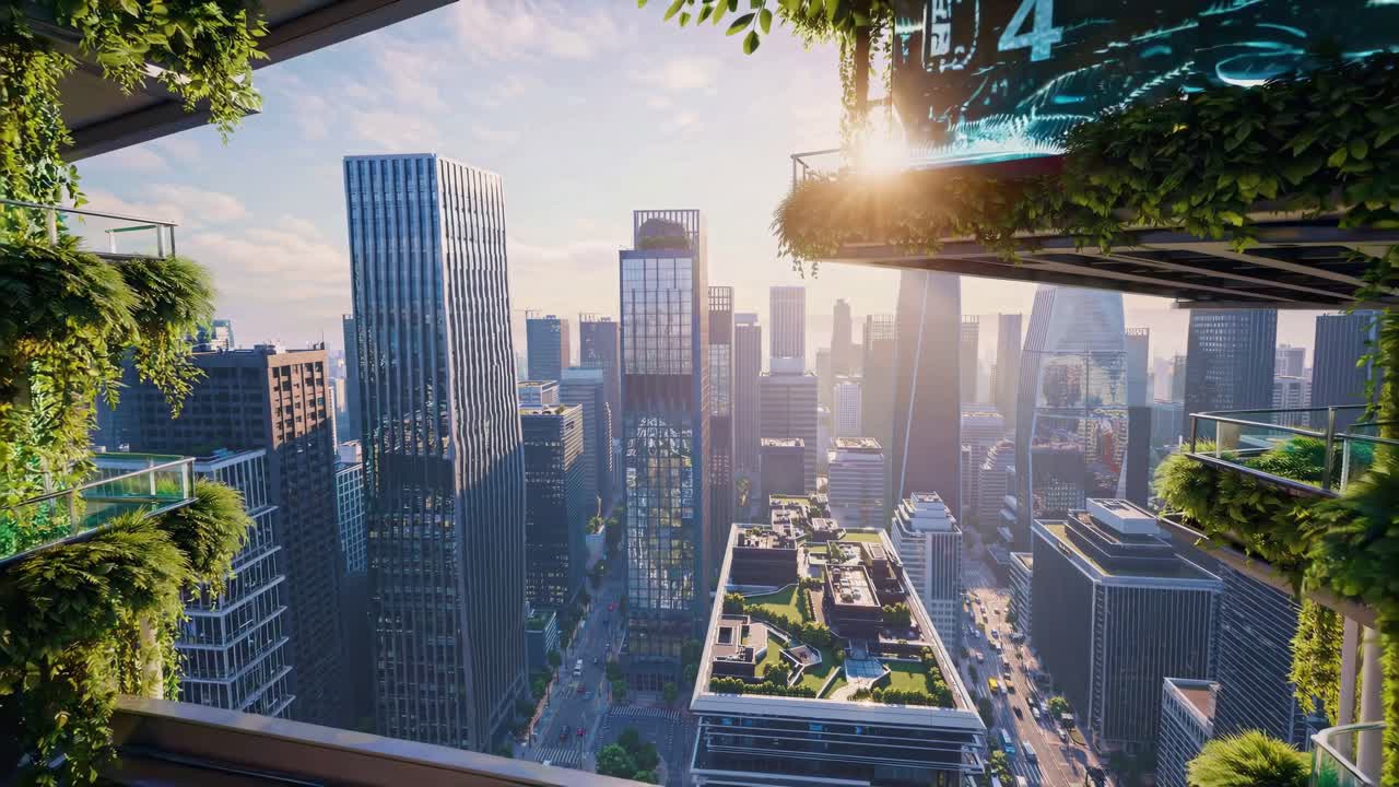 Futuristische Stadtlandschaft mit üppigem Grün, aufgenommen aus einem hohen Winkel, die eine Mischung zeigt