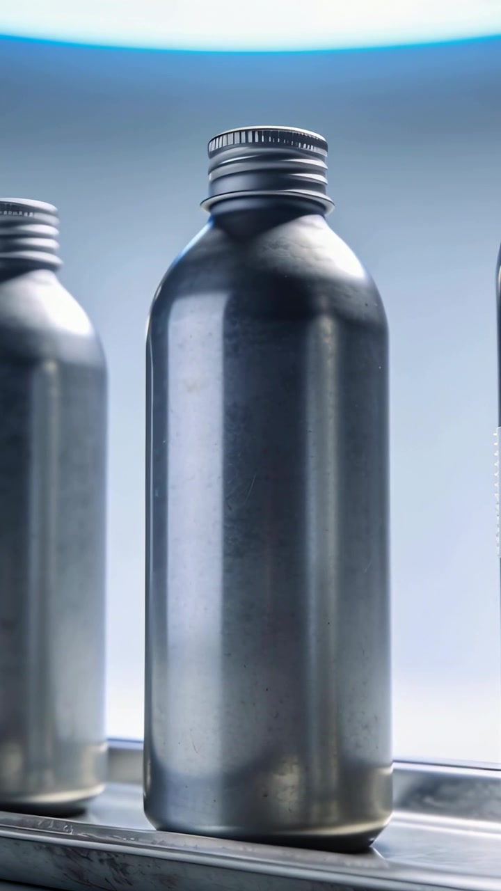 Vertical video: Motor starting moving metal bottle along track for cap alignment under blue halo
